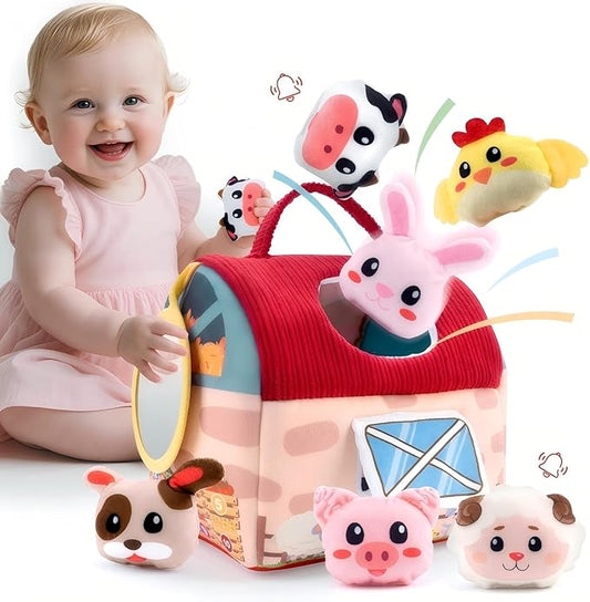 Easter Baby Toys 6–12 Months, Montessori Sensory Farm Barn with Plush Animals, Rattles, Crinkle Paper & Mirror – First Birthday Gift, Easter Basket Stuffer for Babies