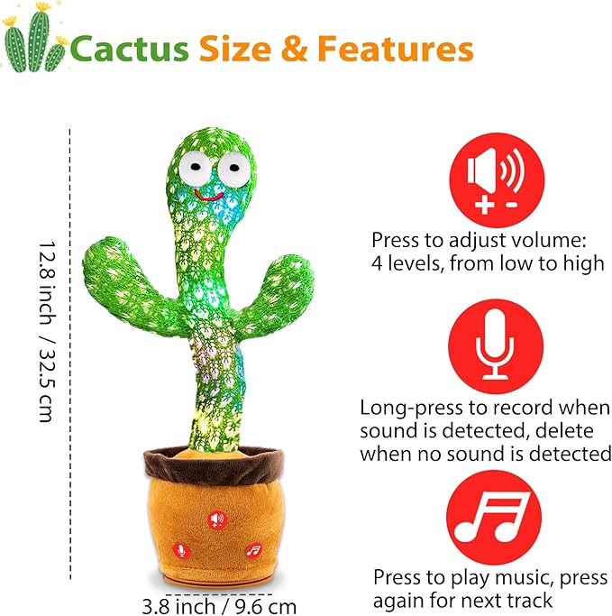 ROYPOUTA Rechargeable Dancing Talking Cactus Plush Toy for Kids - Volume Adjustable Mimicking and Singing Cactus with Music & Light - Funny Birthday Gifts for Years Old Boy Girl