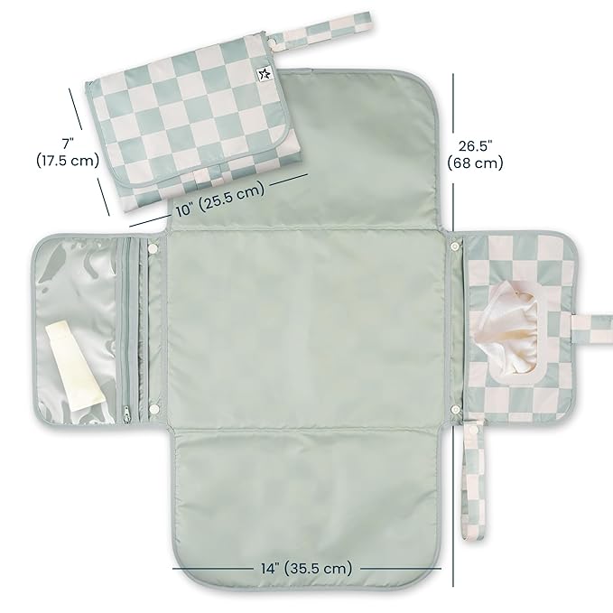 Tiny Twinkle Portable Diaper Changing Pad | Waterproof, Wipeable & Compact Baby Changing Pad for Travel | Smart Wipes Pocket & Organized Storage| Newborn Shower Gift (Sage Checkers)