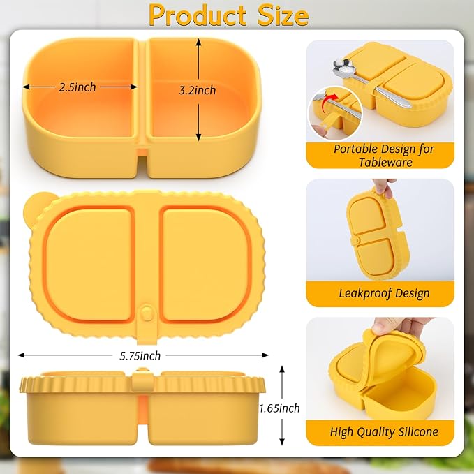 4 Pack Silicone Snack Containers with Lids, Double Compartment Snack Containers for Sauce, Reusable Silicone Food Storage Box for Lunch Office Travel