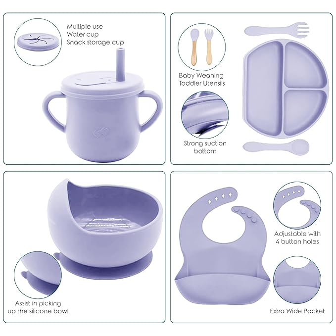 Dormlony 100% Silicone Baby Feeding Set,BPA Free Baby Dishes Set with Suction Bowl Divided Plate,Toddler Self Feeding Dish Set with Spoons Forks Sippy Cup and Bib, Baby Eating Utensils(Purple)