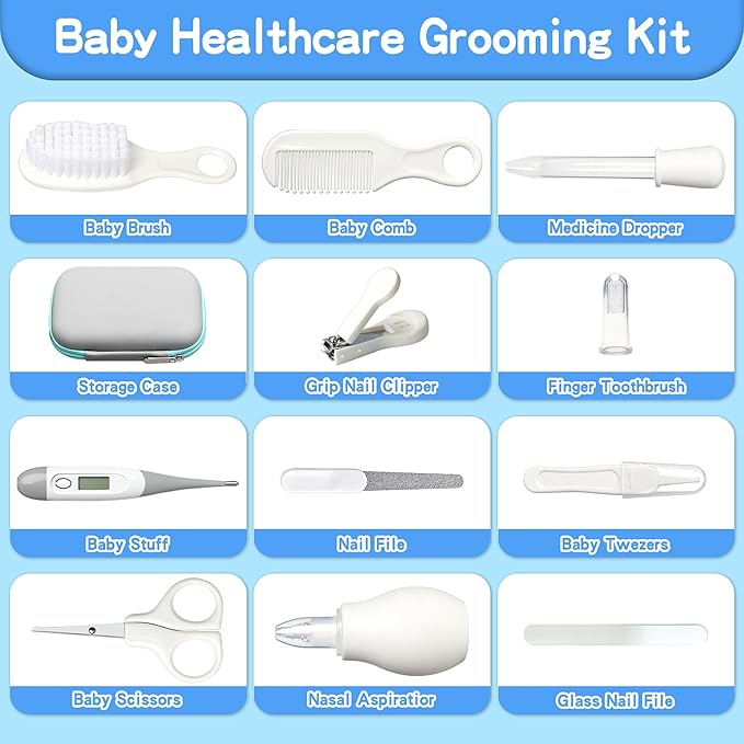 Baby Healthcare and Grooming Kit, Baby Safety Care Set, Baby Electric Nail Trimmer Set Newborn Nursery Health Care Set for Newborn Infant Toddlers Baby Boys Girls Kids (Grey White-18 Kits)