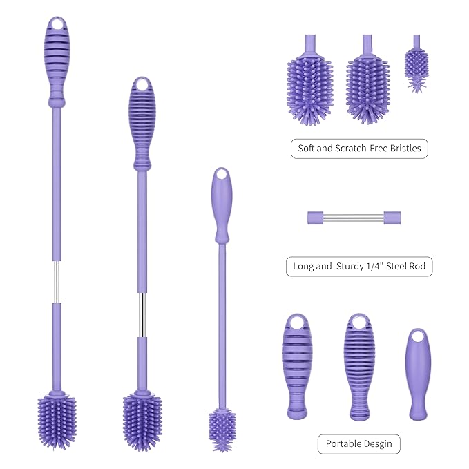 A-Brush Silicone Bottle Cleaner Brush, 3 Piece Set, Long Handle - Water Bottle Cleaner, Baby Bottle Nipple Brush for Plastic & Glass, BPA-Free Dish Washing Brush A2S Protection