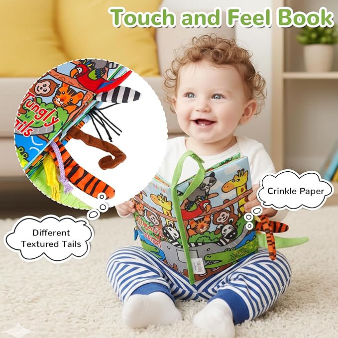 HECCEI Baby Cloth Books Soft Baby Book 0-6 Months Crinkle Books with Jungle Tails Touch and Feel Sensory Toys for Infant Tummy Time for 3 Months+ Easter Basket Stuffers