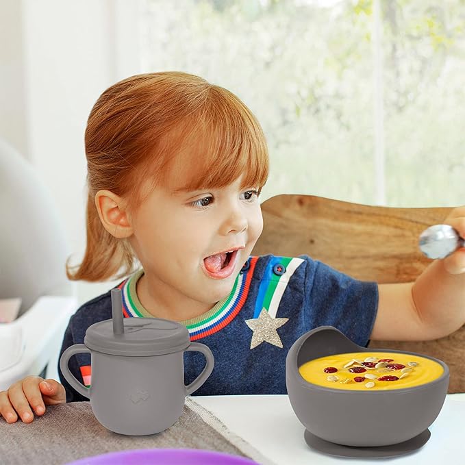 Dormlony 100% Silicone baby feeding set,BPA free Baby dishes set with Suction Bowl Divided Plate,Toddler Self Feeding Dish Set with Spoons Forks Sippy Cup And Bib, Baby Eating Utensils (Light Brown)