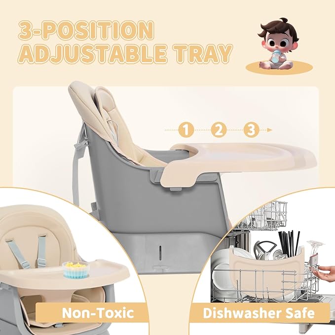 Kinder King 8 in 1 Baby High Chair, Coverts to Dining Booster Seat/Kids Table & Chair Set/Toddler Building Block Table/Kids Stool, Removable Tray & Double Seat Cover, Easy to Wipe, Grey & Coffee