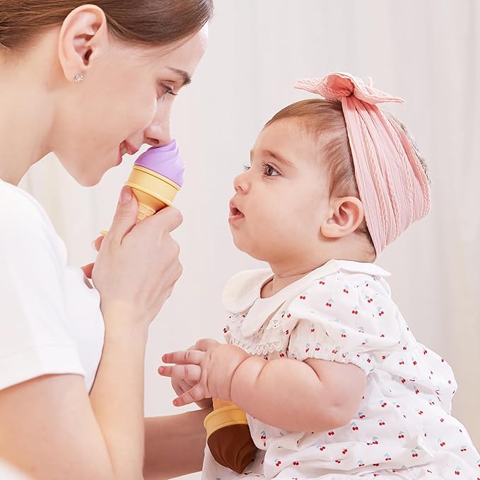 Smily Mia Baby Fruit Food Feeder & Freezer Teether Combo, ICY Bite Ice Cream Teether for Baby Cooling Relief, BPA Free Silicone Feeder for Safe Infant Self Feeding, 3 Month+,Purple