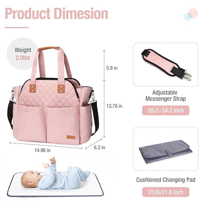 Lekebaby Diaper Bag Tote for Baby - 17 Pockets Large Travel Diaper Tote with Portable Changing Pad, Mom Crossbody Hospital Bag for Labor Delivery, Waterproof, Baby Essentials for Newborn Gifts, Pink