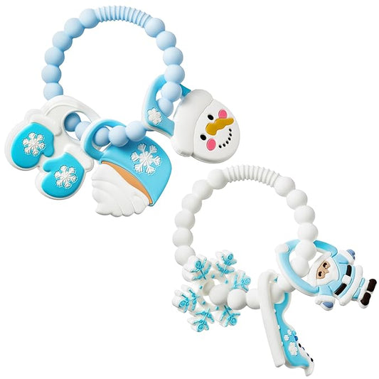 2Pcs Christmas Baby Silicone Teething Toys - Santa and Sleigh Ring, Soft Snowman Snowflake Teether for Toddlers - Chew Toy Gifts for Baby Boys and Girls