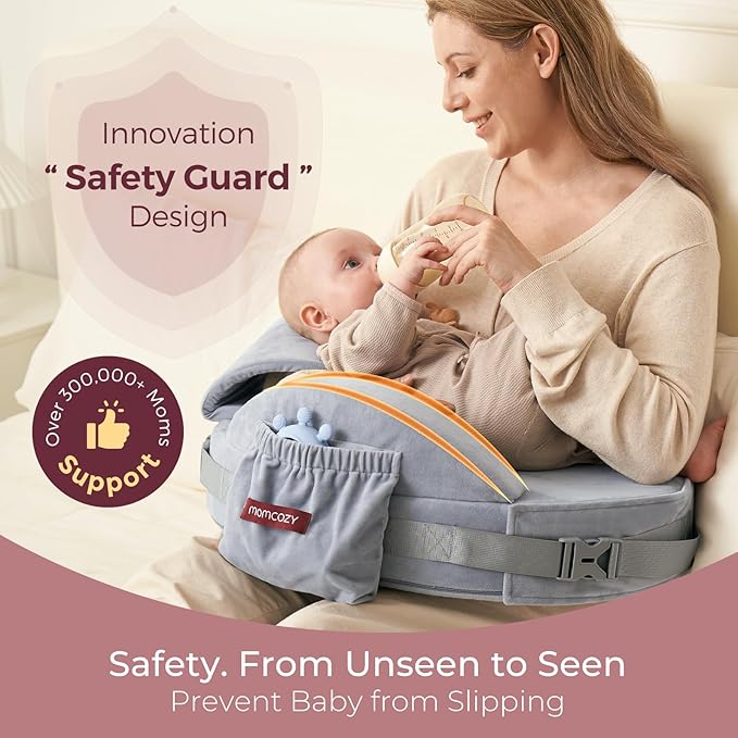 Momcozy CozyPro Nursing Pillow - All Around Lumbar & Arm Support - Safety Guard, Firm & Springy Memory Foam-Stable, Ergonomic Support, Easier Breastfeeding, Wider Cushion, Adjustable, Removable Cover