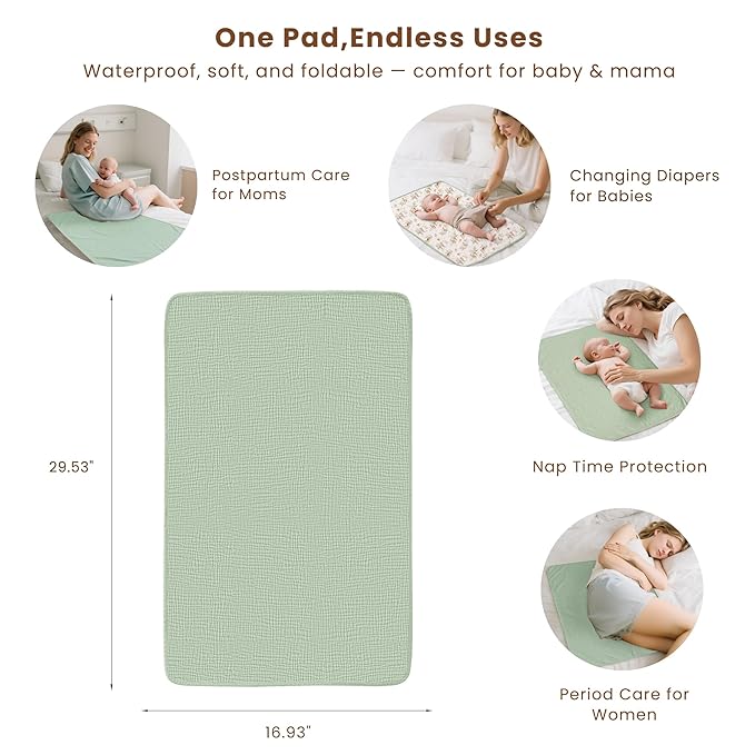 Konssy 2 Pack Waterproof Muslin Cotton Portable Changing Pad 30"x 17", Soft & Foldable Baby Changing Mat Travel Pad with Terry Backing, Shower Gift for Newborn Girls Boys (Woodland,Sage)