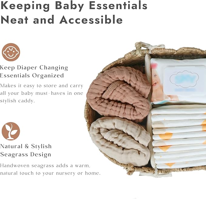 YANGQIHOME Diaper Caddy Organizer, Seagrass Nursery Baby Basket for Baby Essentials, Scalloped Wicker Diaper Caddy, Baby Shower Gifts (Diamond)