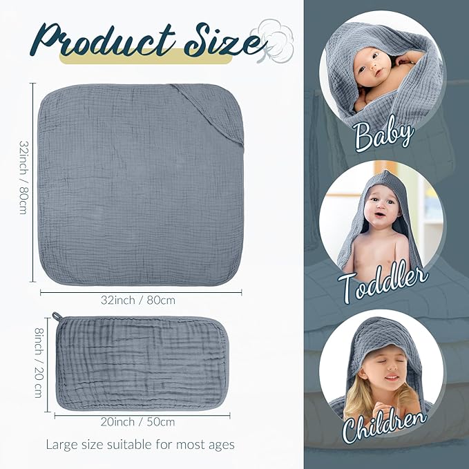 VitalCozy 8 Pcs Baby Muslin Hooded Bath Towels and Washcloths Muslin Cotton Hooded Baby Towels Absorbent Blankets for Gift Newborn Infant Shower (32 x 32 Inch,Pastel Color)