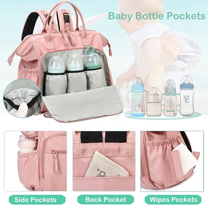 Large Diaper Bag Tote, 14 Pockets Stylish Baby Bag with Stroller Clips and 3 Insulated Pockets, Baby Shower Essentials