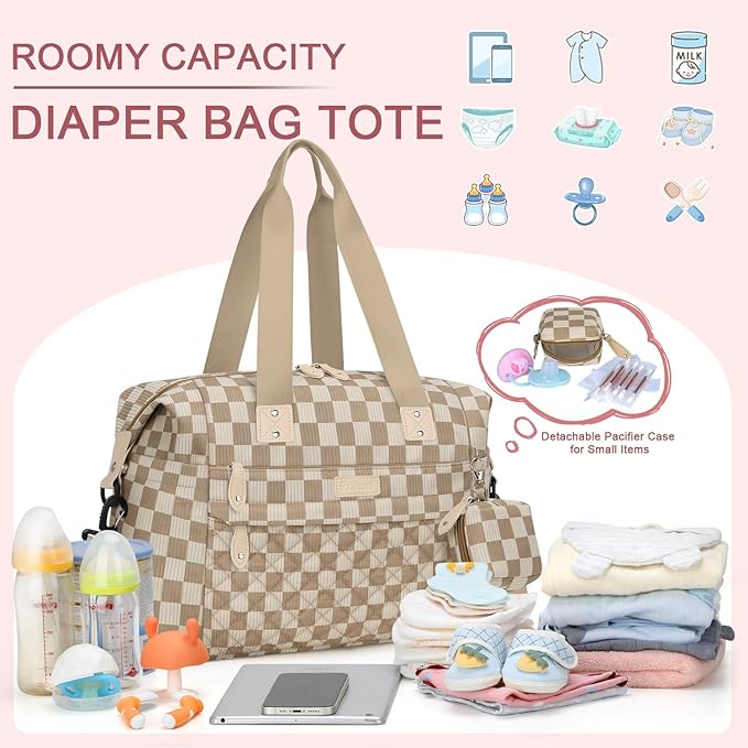 Diaper Bag Tote - Diaper Baby Bags with Pacifier Case, Shoulder Straps, Stroller Clips, Waterproof Large Mommy Maternity Travel Baby Bag for Mom and Dad, plaid