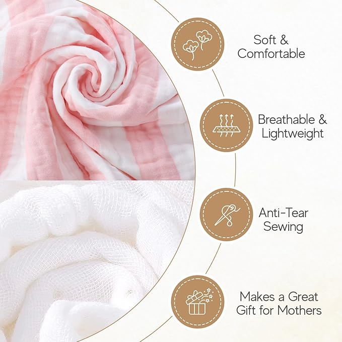 HardNok Muslin Hooded Baby Towel 4 Pack, 100% Organic Premium Cotton, (2) 6-Layer 32x32 Bath Towels & (2) Washcloths, Soft Newborn & Infant Gift Set (Pink Stripe & White)