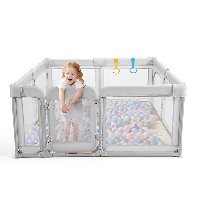 Baby Playpen,Extra Large Playpen for Babies and Toddlers, Sturdy Play Pen Play Yard with Safety Gate,79”x59”Baby Play Pen(Light Grey)