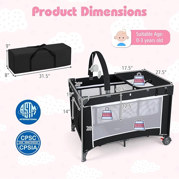 HONEY JOY Pack and Play, 4 in 1 Folding Infant Playpen with Bassinet, Quickly Assembled, Breathable Mesh Fabric, Carry Bag, Diaper Changing Table, Toys, Portable Crib for Babies & Toddlers (Black)