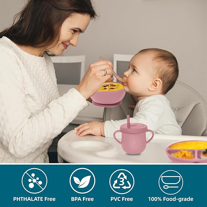 Dormlony 100% Silicone Baby Feeding Set,BPA Free Baby Dishes Set with Suction Bowl Divided Plate,Toddler Self Feeding Dish Set with Spoons Forks Sippy Cup and Bib, Baby Eating Utensils (Coral)