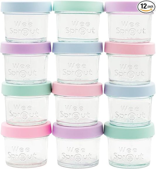 WeeSprout Glass Baby Food Storage Jars w/Lids (4 oz, 12 Pack Set) Snack, Puree, Reusable Small Containers, Breast Milk, Fridge or Freezer, Microwave & Dishwasher Safe, Essential Must Have for Infants
