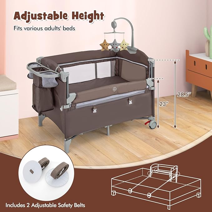 HONEY JOY Pack and Play with Bassinet, 5-in-1 Baby Bedside Sleeper w/Diaper Changing Table & Storage Bag, Toy Arch & Music Box, Detachable Side Rail, Portable Baby Play Yard w/Carry Bag(Coffee)