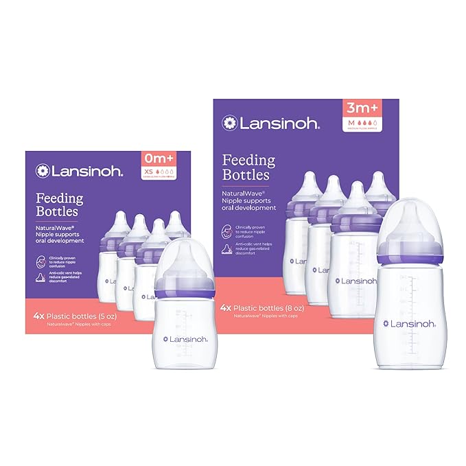 Lansinoh NaturalWave Newborn Gift Set – 4 Anti‑Colic 5 oz Bottles with Newborn XS Flow Nipples + 4 Breastfeeding 8 oz Bottles with M‑Flow Nipples 8 Pack Total