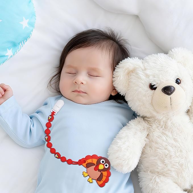 Cute Animal Baby Food Grade Silicone Teether Toy with One Piece Design Pacifier Clip Holder,Teething Toys Gift Set for 3 Months+ Boys and Girls,Freezer Safe,BPA Free (Red Turkey)