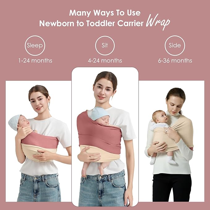Baby Wrap Carrier, Lightweight Baby Wearing Wraps for Newborn and Infant, Soft Swaddle Holder Carrier, Cozy Baby Sling 7-35 lbs Cream+Pink