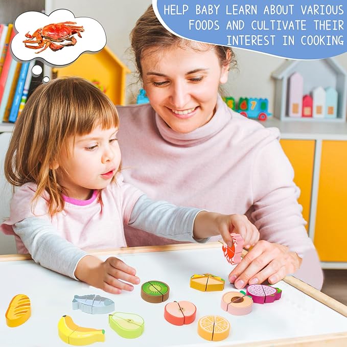 Wooden Baby Feeding Toy-Montessori Pretend Play Food Set for Toddlers 1-3 Safe Non-Toxic Wooden Cutting Food Toy Fruits Vegetables Perfect for Play Kitchen Food Pretend Play for Kids Boy Girl Gift