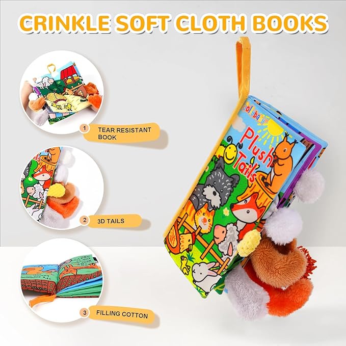 HECCEI Baby Cloth Books Soft Baby Book 0-6 Months Crinkle Books with Plush Tails Touch and Feel Sensory Toys for Infant Tummy Time for 3 Months+ Easter Basket Stuffers