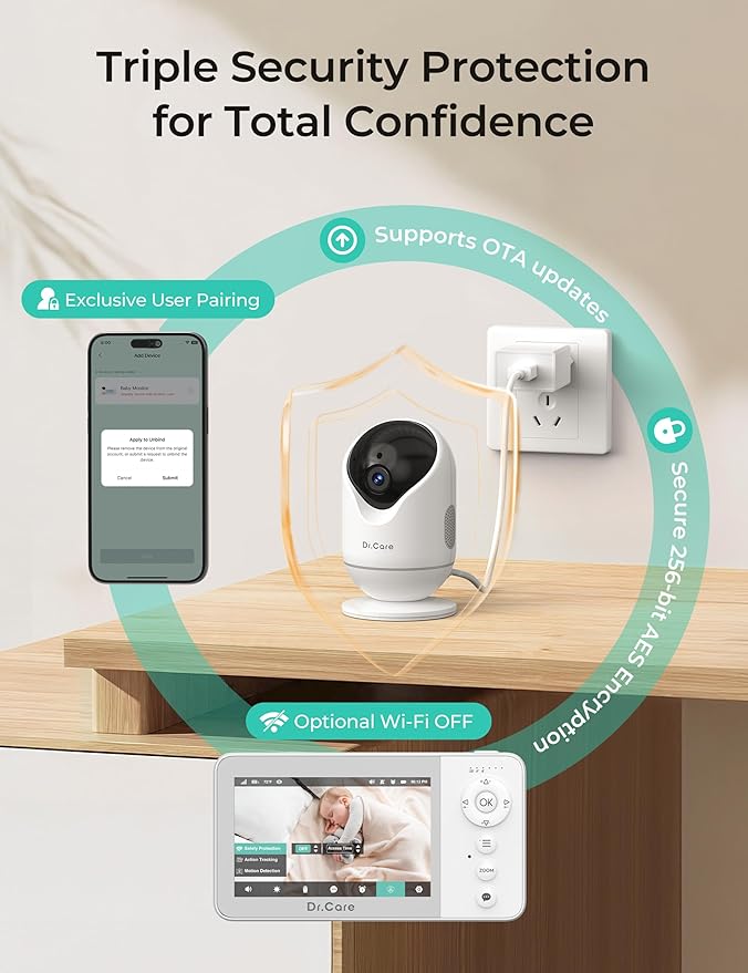 Dr.Care VistaView Lite RB Smart WiFi Baby Monitor with 2 Cameras - 4” 720P Split Screen & 1080P Camera App Control, Motion Alerts, 2500mAh Removable Battery, Night Vision, Multi-User, Triple Security