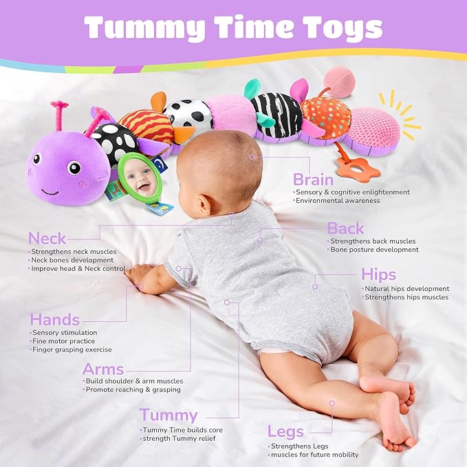 AWOTOY Baby Toys 6-12 Months Music Caterpillar Infant Toys Stuffed Animals 0-3-6 Months Teething Tummy Time Sensory Toys with Mirror Rattle&Pull String for Boys Girls Birthday Gifts|Lavender Purple