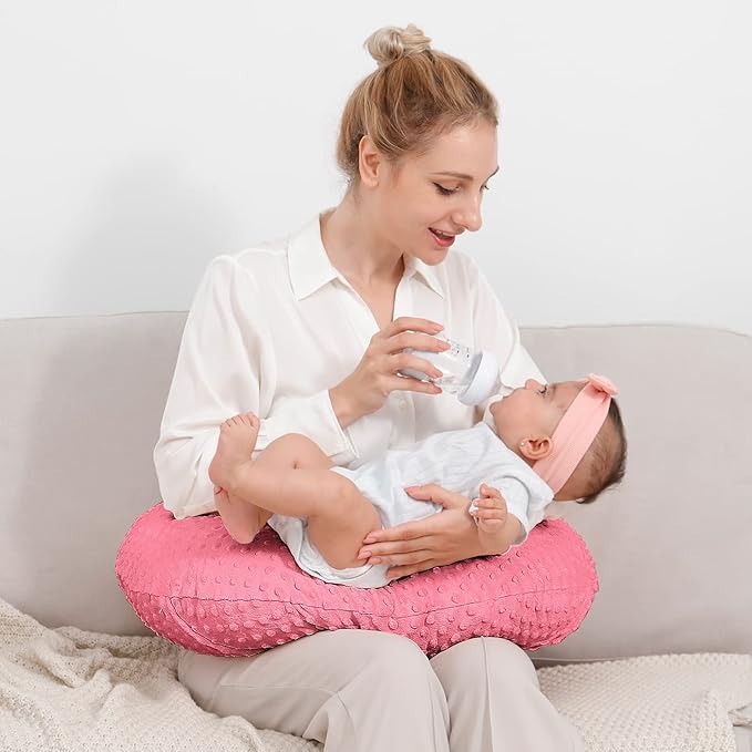 QUENESS Nursing Pillow and Positioner, Breastfeeding, Bottle Feeding, Baby Sitting Support with Removable Ultra Soft Cover, Tummy Time Support for Baby Boys and Girls (StrawberryRed)