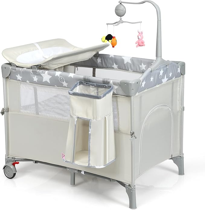 HONEY JOY Pack and Play with Bassinet, 5-in-1 Baby Bedside Sleeper w/Diaper Changing Table & Storage Bag, Toy Arch & Music Box, Detachable Side Rail, Portable Baby Play Yard w/Carry Bag(Beige)
