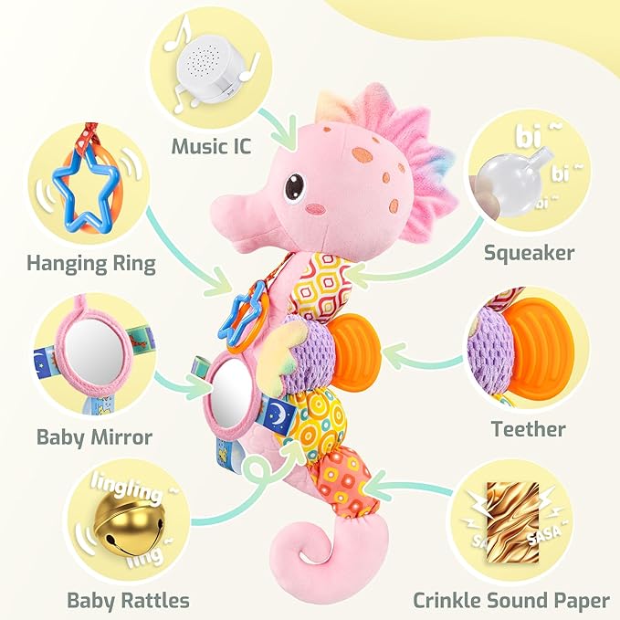 Sumobaby Infant Baby Musical Stuffed Animal Activity Soft Toys with Multi-Sensory Crinkle, Rattle and Textures, for Tummy Time Newborn 0-3-6-12 Months Girls,Seahorses - Pink with Baby Mirror