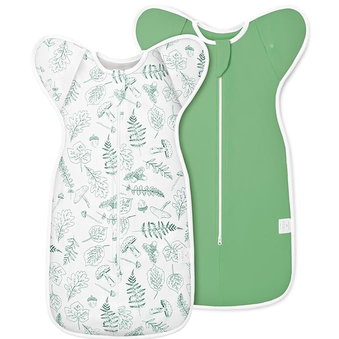 2-Pack Newborn Swaddle Sleep Sack - Baby Transitional Swaddle Sack 0-3 Months, Arms Up Swaddles with Cuff Removable Design, Green Leaves, 100% Cotton Newborn Sacks