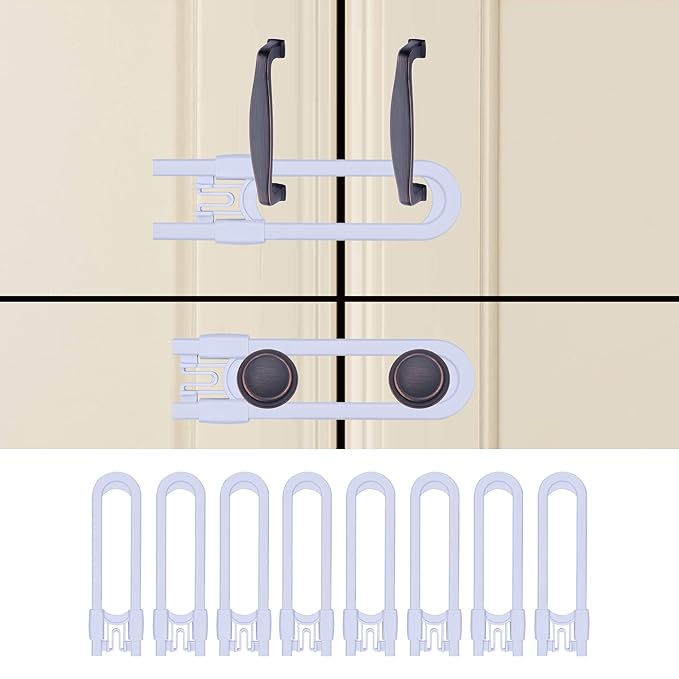 Sliding Cabinet Child Safety Locks - OKEFAN Baby Proofing Cabinet Lock Cupboard Latches for Kids on Closet Door Knobs Handles Pulls No Drill (8, White)
