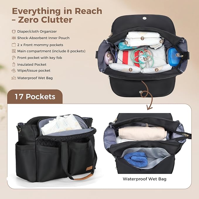 Lekebaby Diaper Bag Tote for Baby - 17 Pockets Large Travel Diaper Tote with Portable Changing Pad, Mom Crossbody Hospital Bag for Labor Delivery, Waterproof, Baby Essentials for Newborn Gifts, Twill