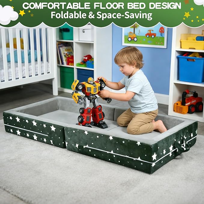 laapee Portable Toddler Travel Bed – Foldable Floor Bed for Toddlers 3-6 with 3.54" Soft Foam, 2-in-1 Travel Crib & Storage Box, Washable Cover, Grey | Easy Care