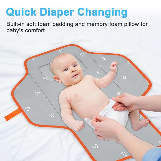 Baby Portable Changing Pad Travel - Waterproof Compact Diaper Changing Mat with Built-in Pillow - Lightweight & Foldable Changing Station, Newborn Shower Gifts