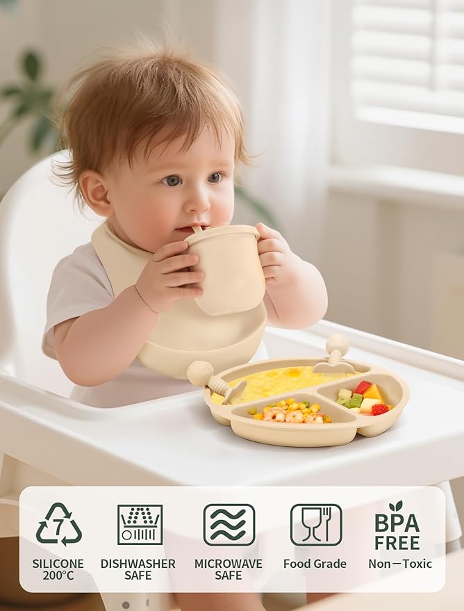 JELLDJK Silicone Baby Feeding Set 9 Pcs, Spill-Proof Suction Plate, Bowl, Bib, Silicone spoon&forks, Wooden Spoons&forks, Training cup with straw and Sippy Cup, Baby Eating Utensils (Beige)