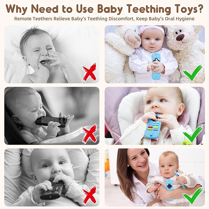 Teething Baby Toys 3-6 Months, Soft Silicone Remote Control Teethers Toys for Babies 6 to 12 Months, Teething Infant Chew Set for Newborn Boys Girls Baby Shower Gifts, Blue