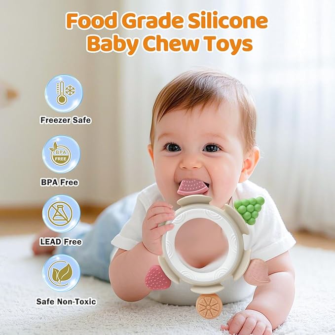 Baby Teething Ring Toy for 3-6-12 Months, Silicone Infant Teether for Sore Gum Relief, Soothing Sensory Chew Toy, Ideal Newborn Gift for Boys Girls Baby Shower, Birthday or Christmas, Brown