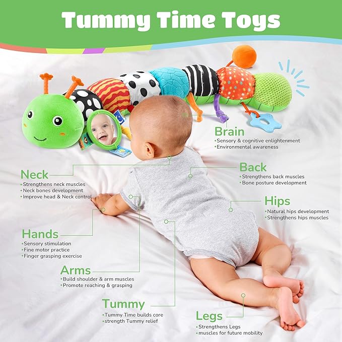 AWOTOY Baby Toys 6-12 Months Music Caterpillar Infant Toys Stuffed Animals 0-3-6 Months Tummy Time Teething Sensory Toys with Mirror Rattle&Pull String for Boys Girls Birthday Gifts|Green,Knot Limb