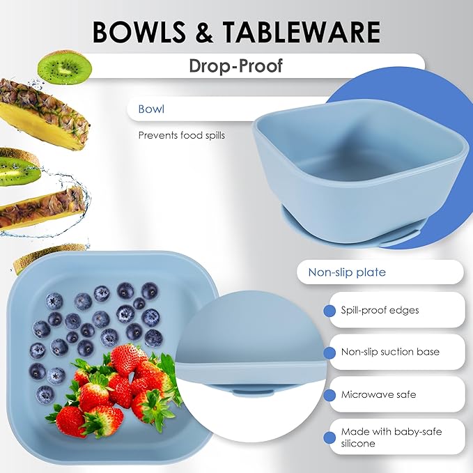 Bluet B Baby Feeding Set – 4 PCS Silicone Tableware with Suction Plate, Bowl, Cup & Spoon - Extra-Thick Premium Silicone, BPA-Free, Food Grade, Microwave & Dishwasher Safe