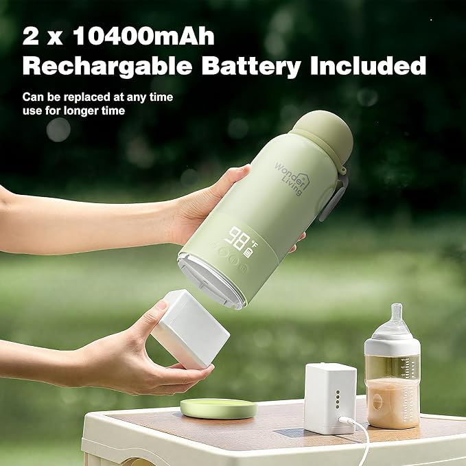 Portable Bottle Warmer for Travel, Double Leakproof, Heating Milk & Water Faster, Cordless Milk Warmer with Two Removal Rechargeable Battery, Anti-Dry & Anti-Burn Protection, 17oz