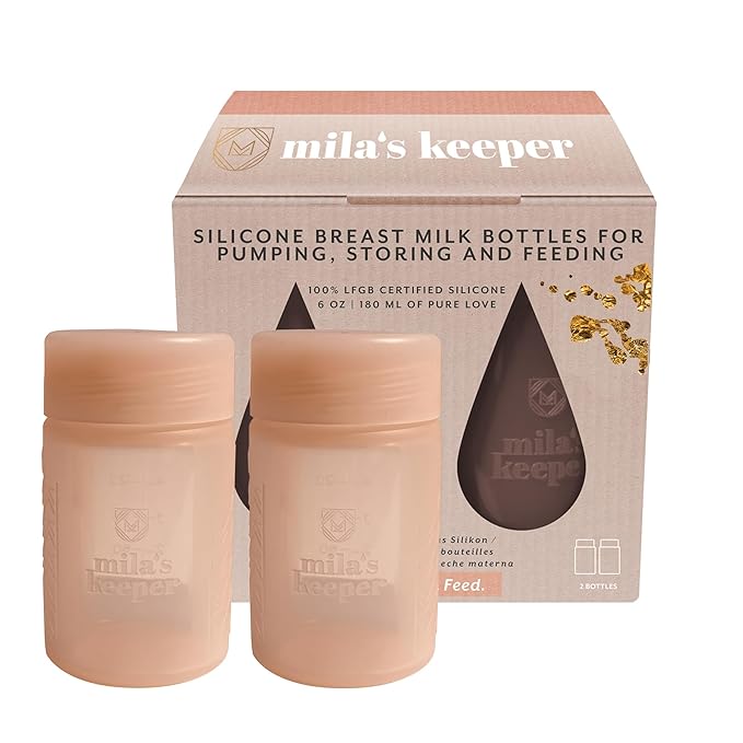 Mila's Keeper Premium Silicone Breast Milk Storage Bottles, for Pumping, Storing and Feeding, Fits Leading Pumps and Nipples, 6 oz Silicone Milk Storage Containers, Wide Neck Pink Sands, Set of 2