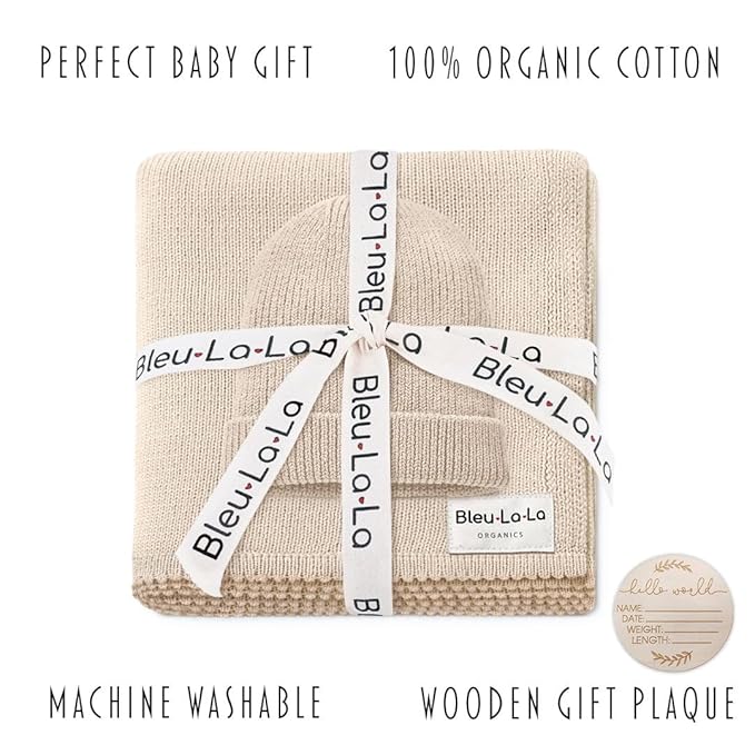 Bleu La La Baby Gift Set - Organic Cotton Newborn Blanket Essentials, Thoughtful Baby Shower & New Baby Gift for Boys & Girls (Luxe - Oatmeal)