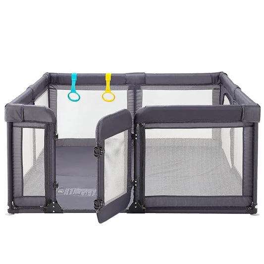 Baby Playpen,Extra Large Playpen for Babies and Toddlers, Sturdy Play Pen Play Yard with Safety Gate,79”x59”Baby Play Pen(Deep Grey)