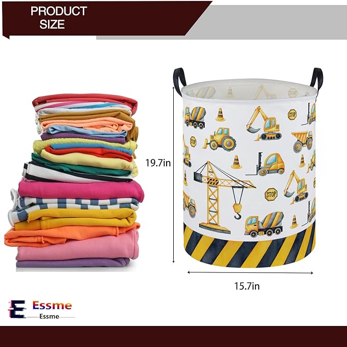 ESSME Kids Laundry Basket,Car Hamper Collapsible Canvas Waterproof Storage Bin for Boys, Nursery Hamper,Gift Baskets,toy bins(Engineering vehicle)